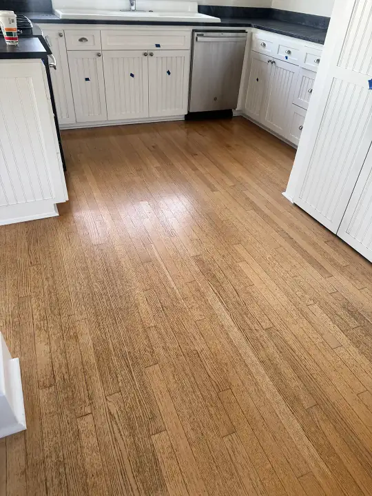 Before: dull, worn kitchen hardwood