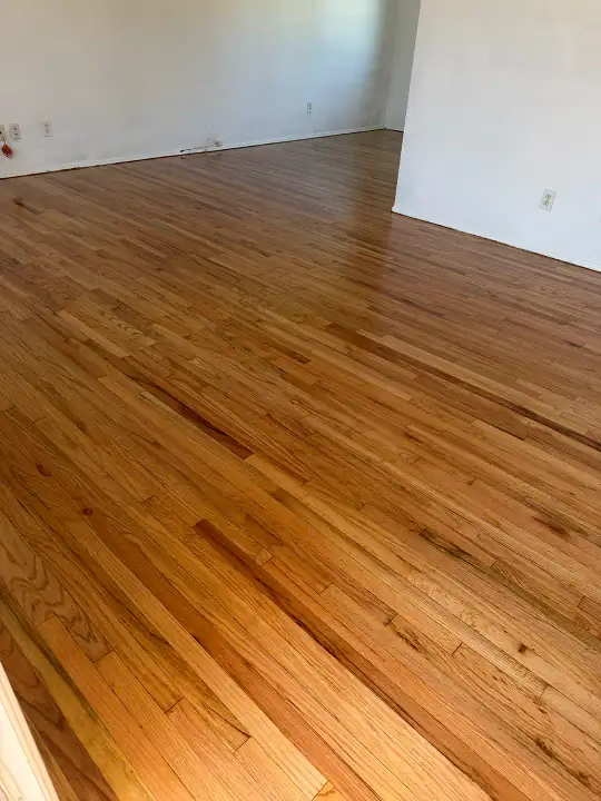 After: living room hardwood refinished to an even warm tone