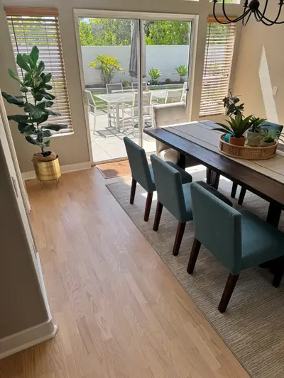Natural-tone hardwood in a dining room
