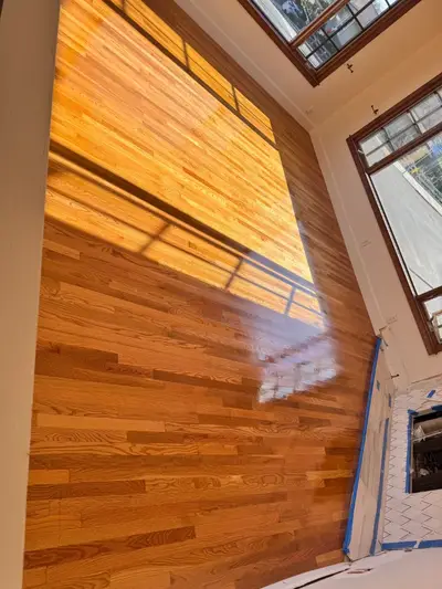 Sunlit refinished hardwood with a glossy finish