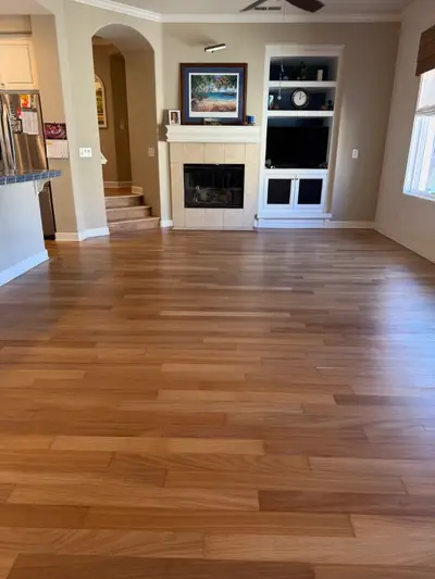Living room with fireplace and refinished hardwood