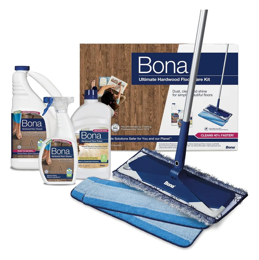 Bona Ultimate Hardwood Floor Care Kit: microfiber mop, floor cleaner spray and refill, floor polish and microfiber pads